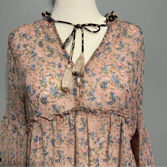 Umgee Leopard Trim Floral Boho Dress Tassel Tie 3/4 Sleeve Cottagecore Large - Picture 5 of 8